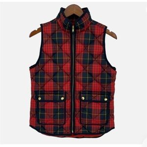 J. Crew Tartan Puffer Vest M Down Filled Red Blue Plaid Gold Buttons Zipper